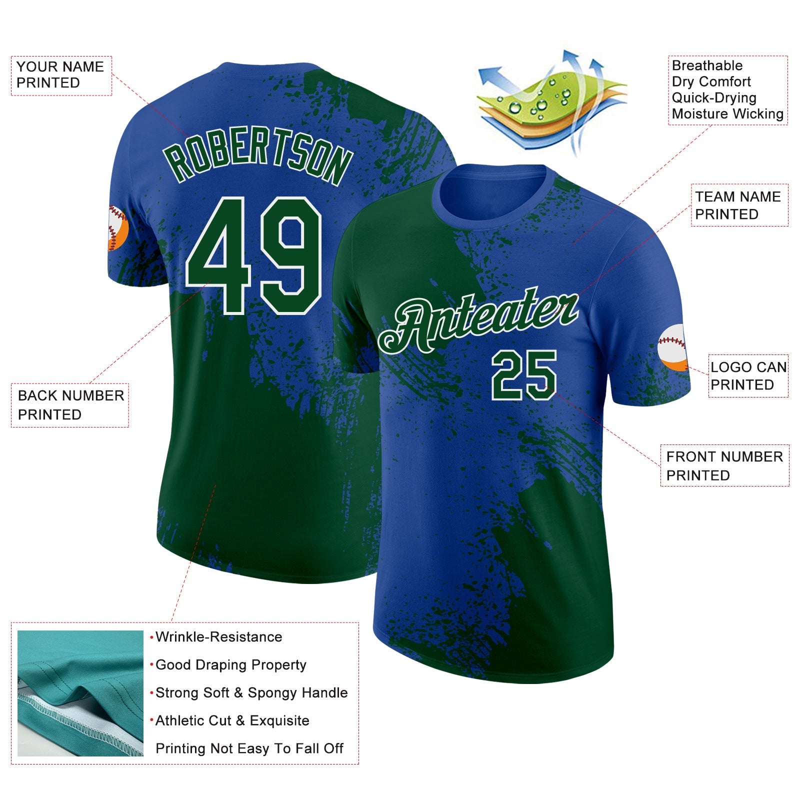 Custom Royal Green-White Abstract Brush Stroke Performance T-Shirt view 2