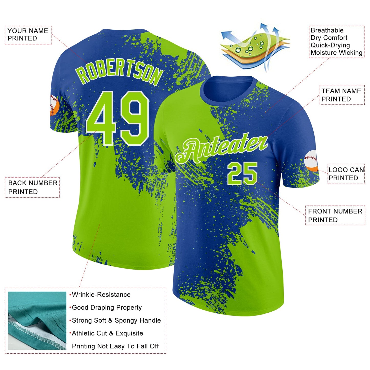 Custom Royal Neon Green-White Abstract Brush Stroke Performance T-Shirt view 2