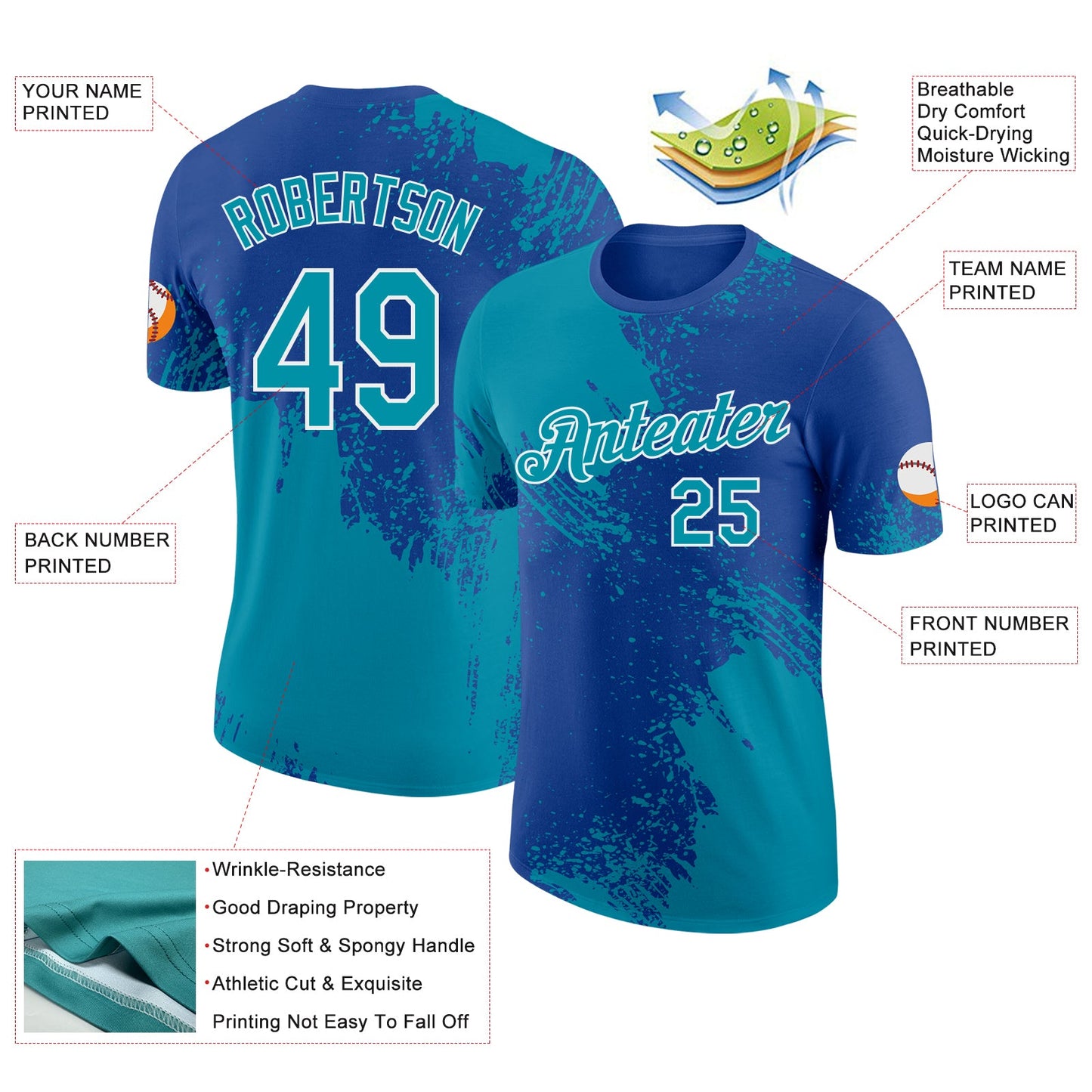 Custom Royal Teal-White Abstract Brush Stroke Performance T-Shirt view 2