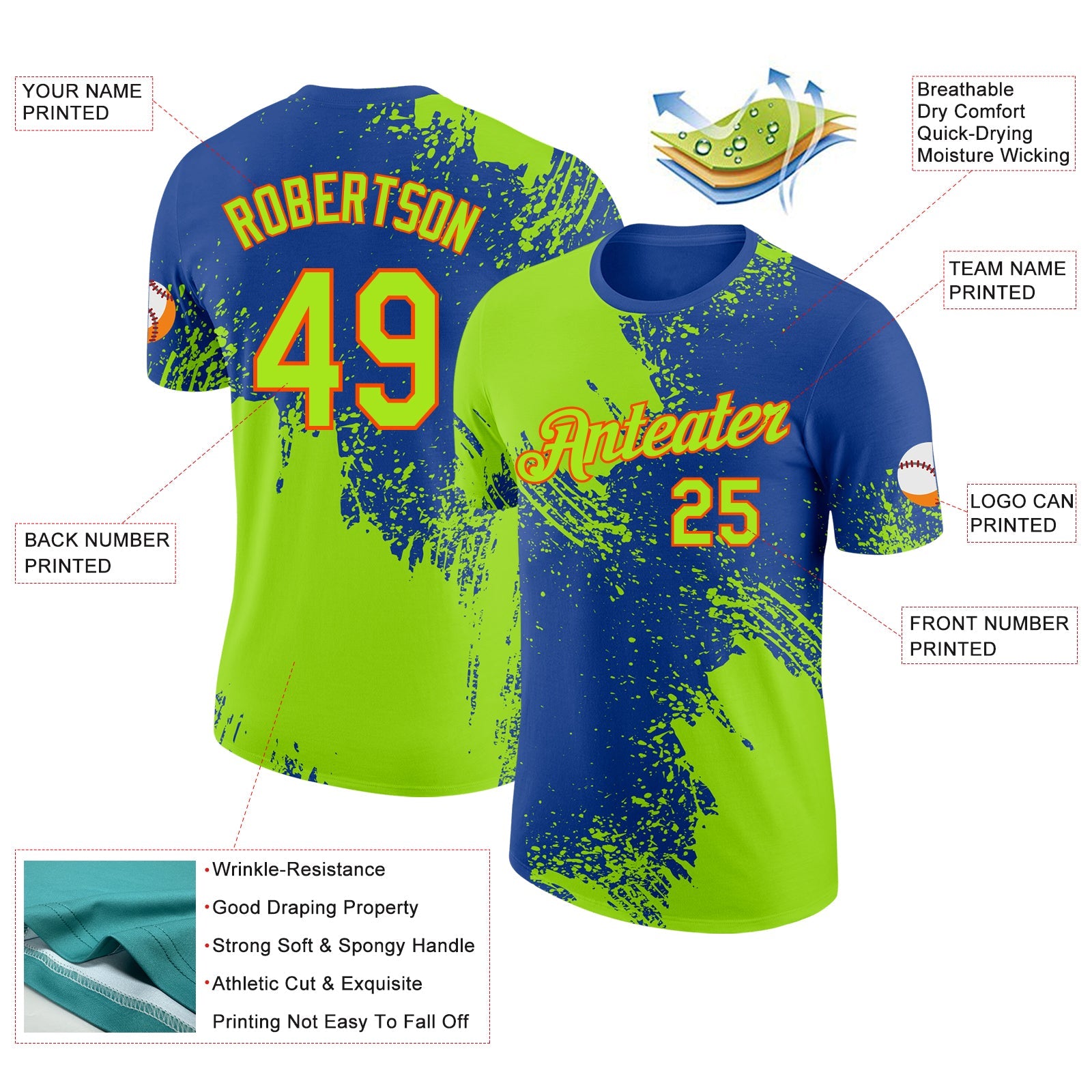 Custom Royal Neon Green-Orange Abstract Brush Stroke Performance T-Shirt view 2