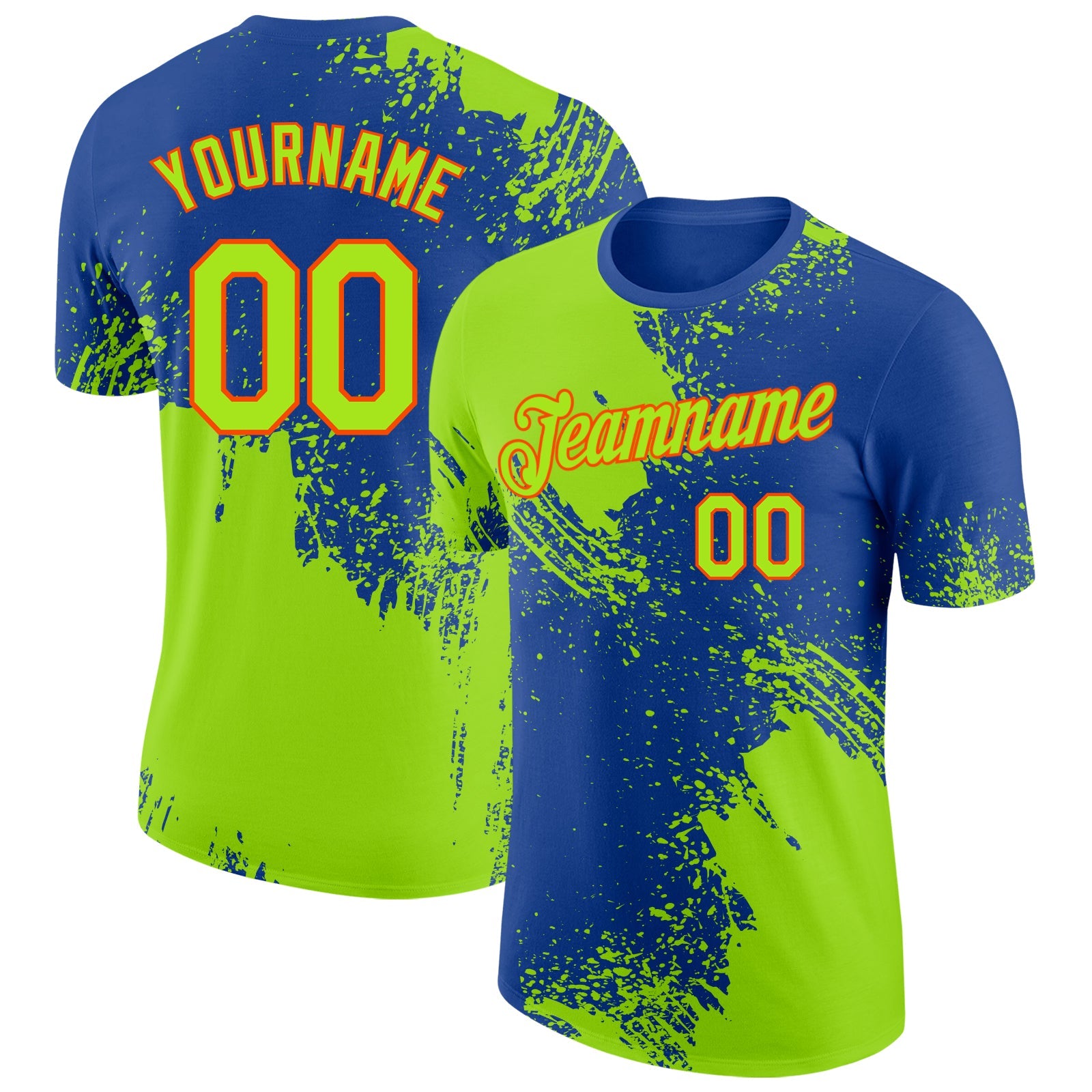 Custom Royal Neon Green-Orange Abstract Brush Stroke Performance T-Shirt - Main View