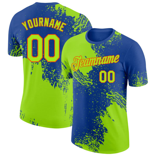 Custom Royal Neon Green-Orange Abstract Brush Stroke Performance T-Shirt - Main View