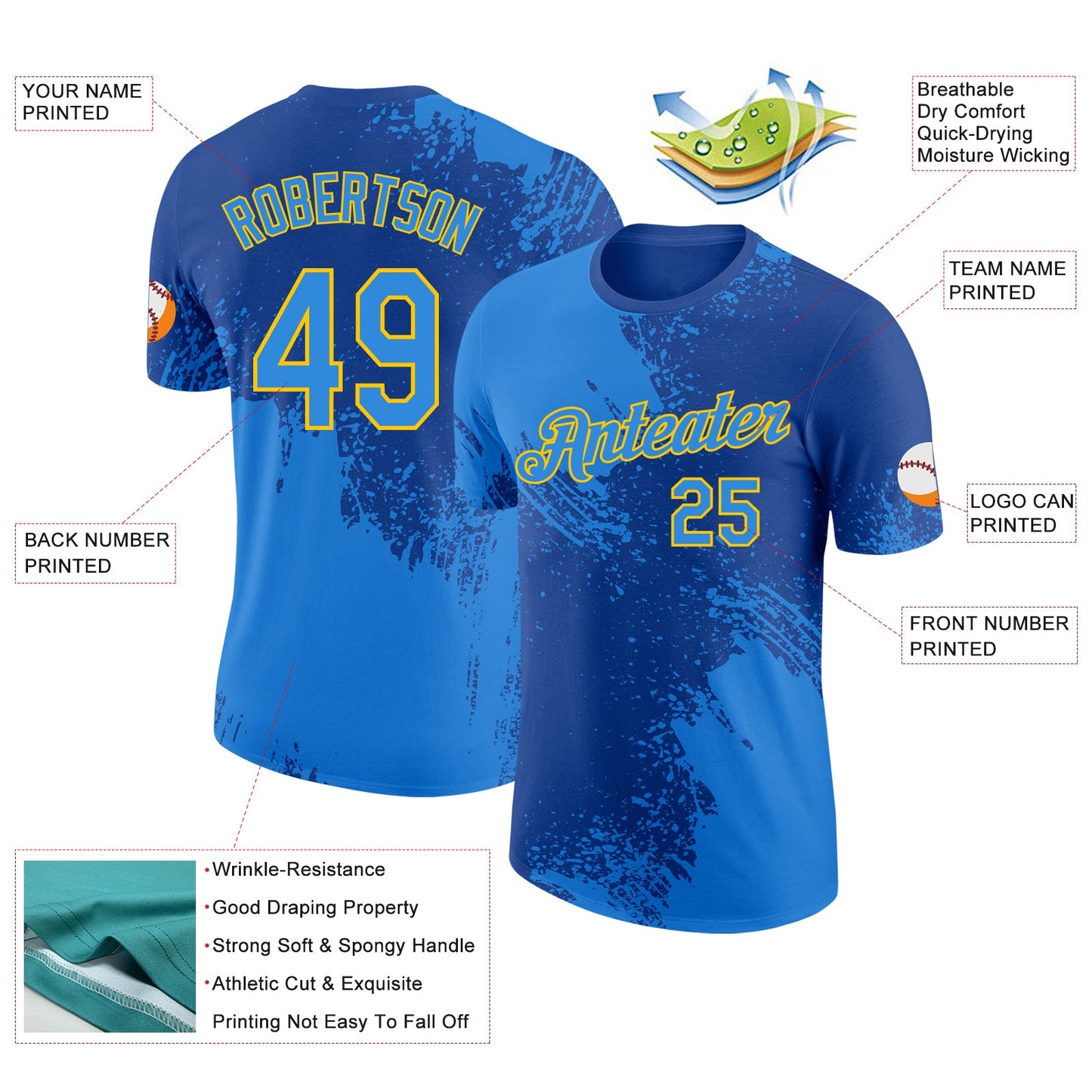 Custom Royal Powder Blue-Yellow Abstract Brush Stroke Performance T-Shirt view 2