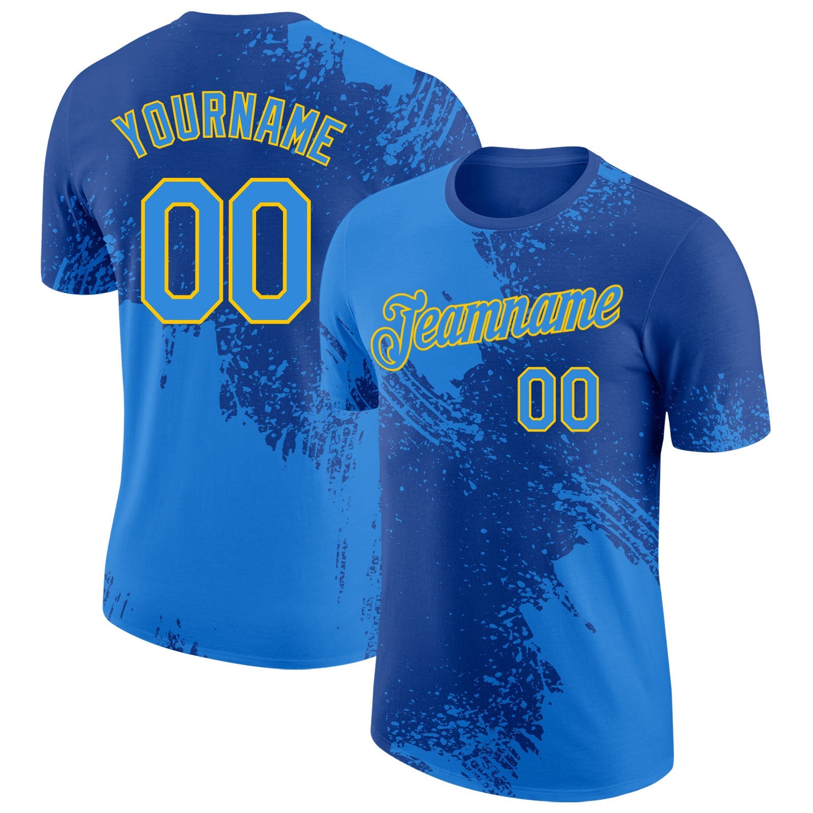 Custom Royal Powder Blue-Yellow Abstract Brush Stroke Performance T-Shirt - Main View
