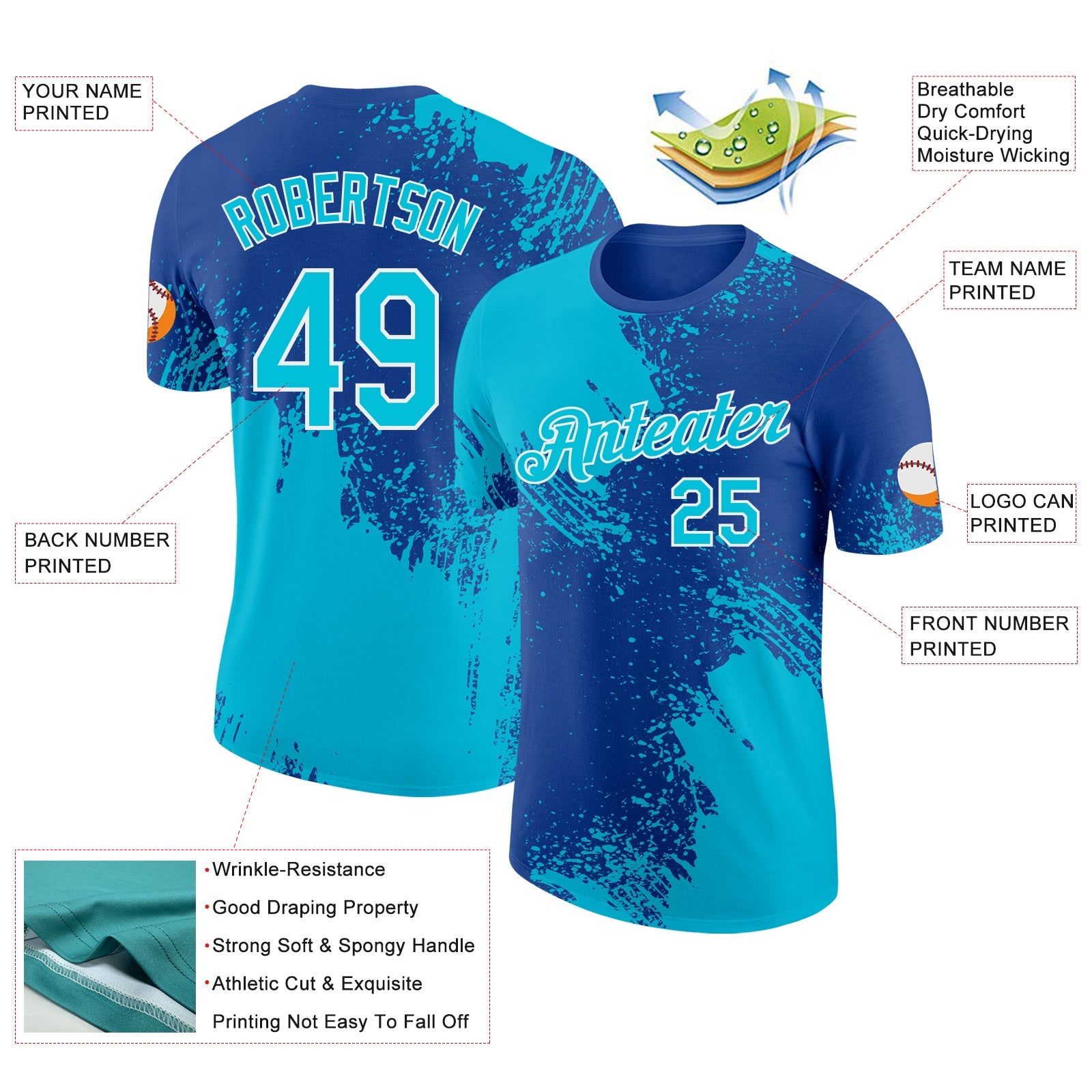 Custom Royal Lakes Blue-White Abstract Brush Stroke Performance T-Shirt view 2