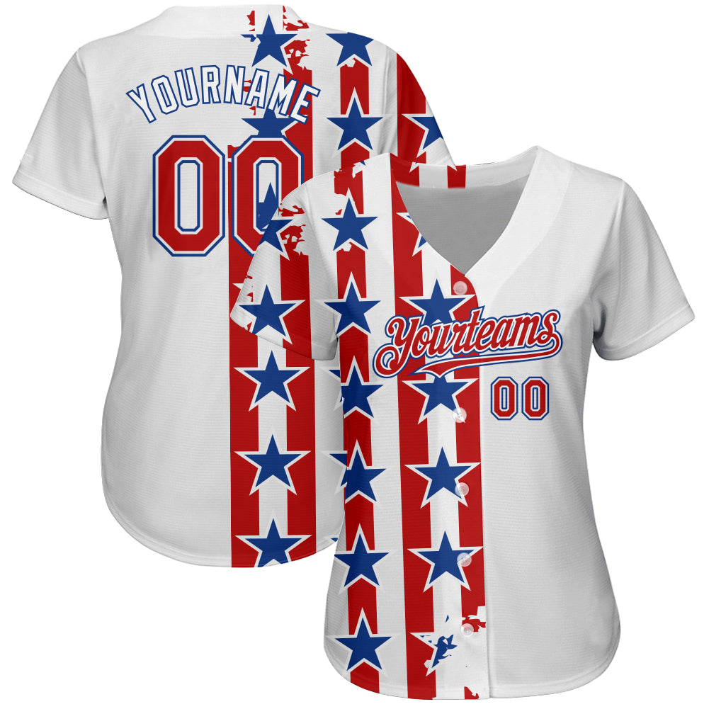 Custom White Red-Royal 3D American Flag Authentic Baseball Jersey view 2