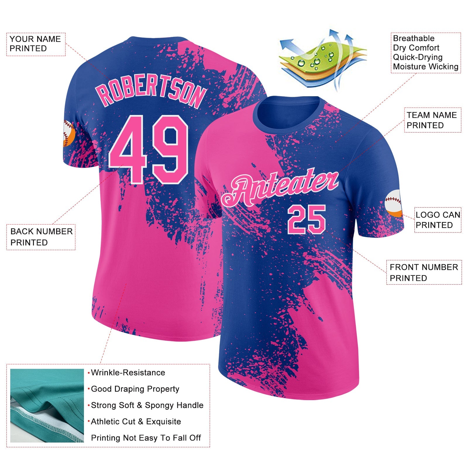 Custom Royal Pink-White Abstract Brush Stroke Performance T-Shirt view 2