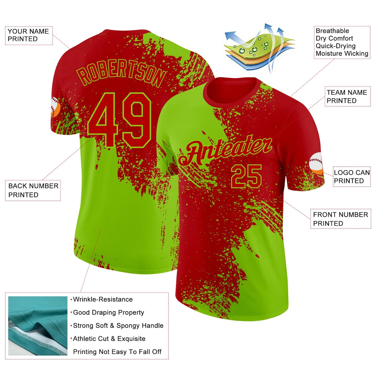 Custom Red-Neon Green Abstract Brush Stroke Performance T-Shirt view 2