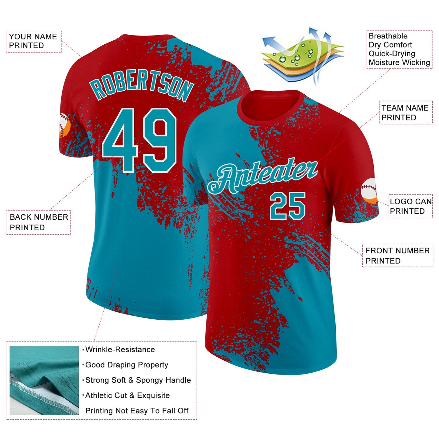 Custom Red Teal-White Abstract Brush Stroke Performance T-Shirt view 2