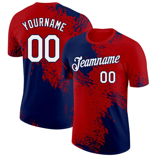 Custom Red White-Navy Abstract Brush Stroke Performance T-Shirt - Main View