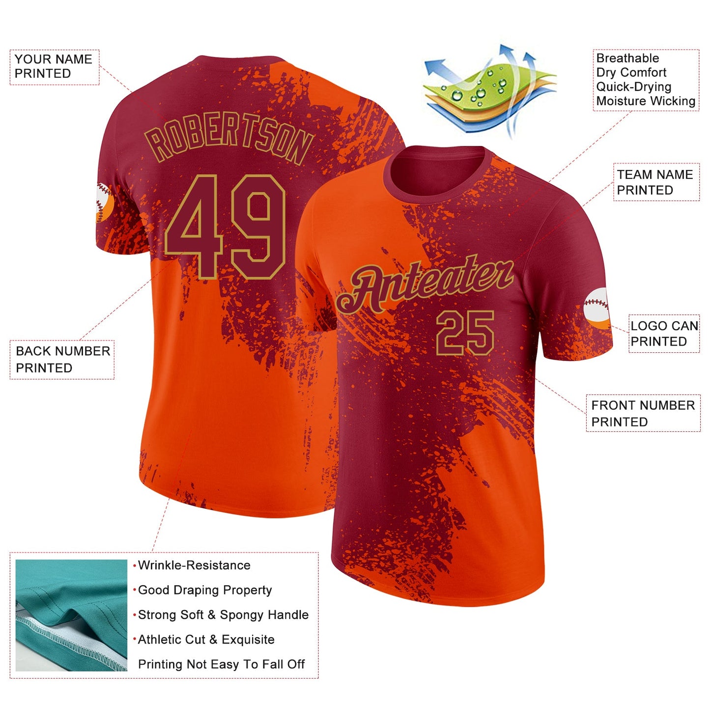 Custom Crimson Orange-Old Gold Abstract Brush Stroke Performance T-Shirt view 2