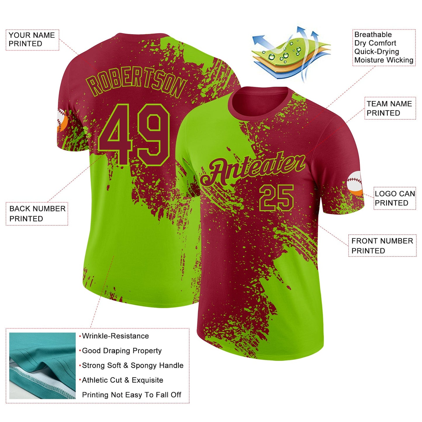 Custom Crimson-Neon Green Abstract Brush Stroke Performance T-Shirt view 2