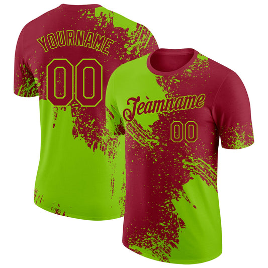 Custom Crimson-Neon Green Abstract Brush Stroke Performance T-Shirt - Main View