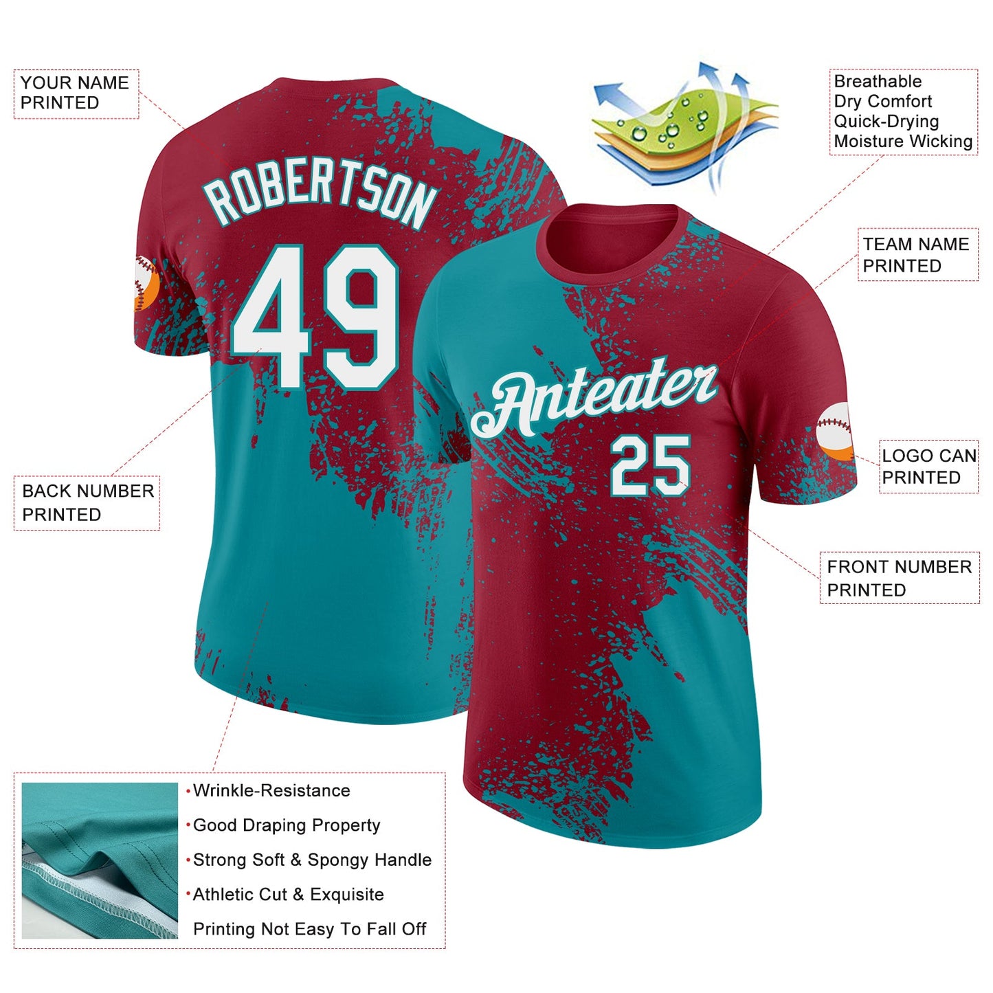 Custom Crimson White-Teal Abstract Brush Stroke Performance T-Shirt view 2