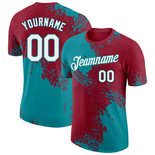 Custom Crimson White-Teal Abstract Brush Stroke Performance T-Shirt - Main View