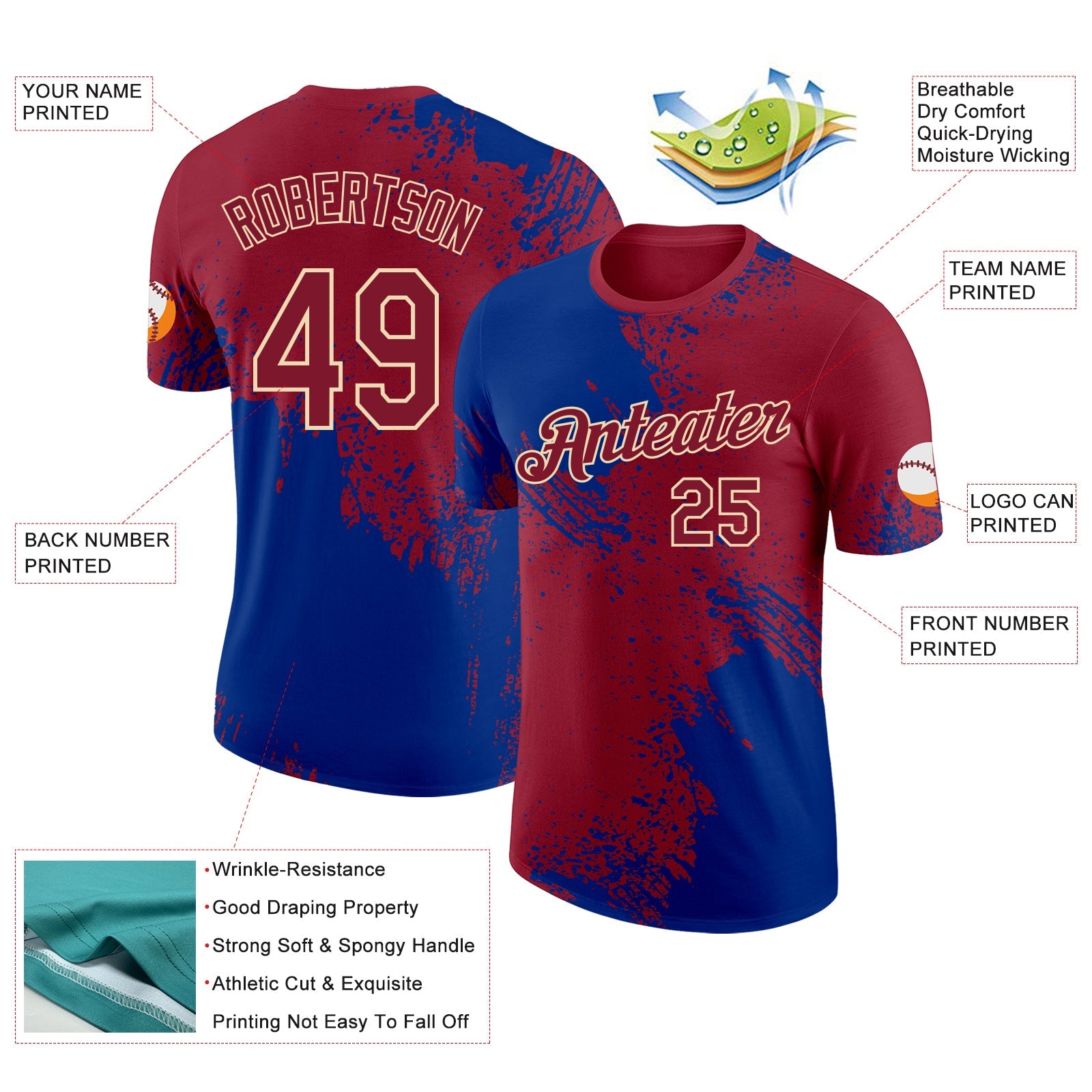 Custom Crimson Royal-Cream Abstract Brush Stroke Performance T-Shirt view 2