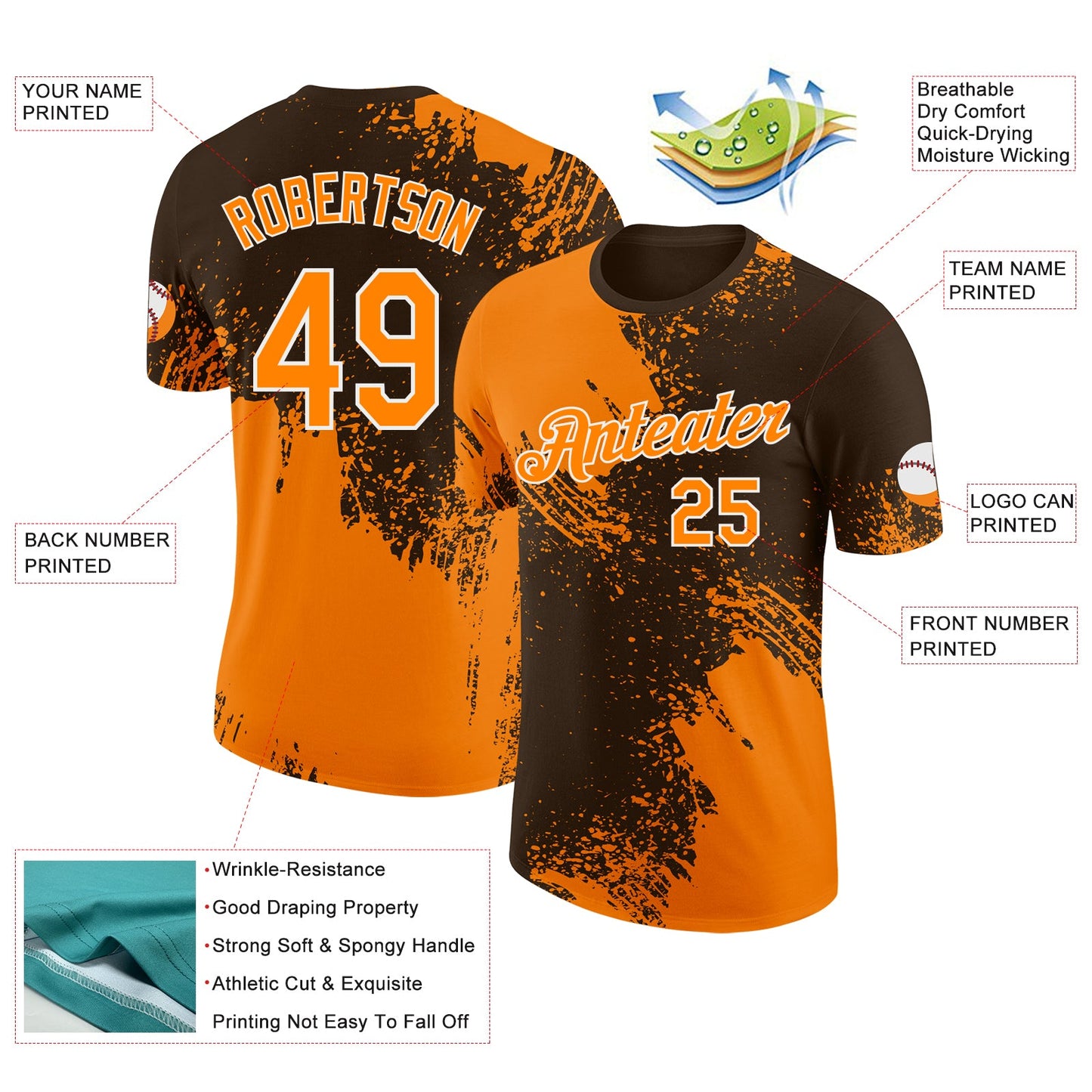 Custom Brown Bay Orange-White Abstract Brush Stroke Performance T-Shirt view 2