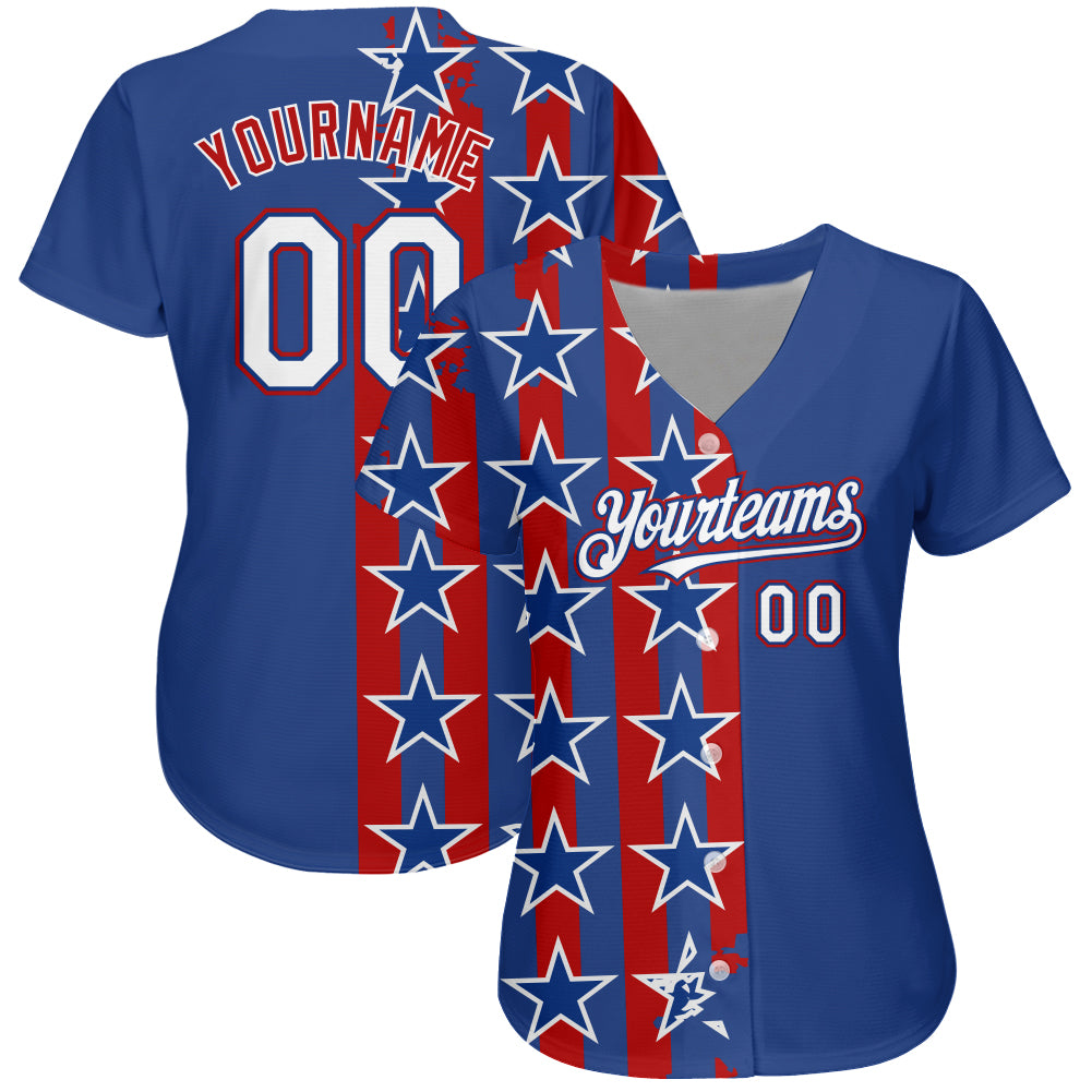 Custom Royal White Red 3D American Flag Authentic Baseball Jersey view 2