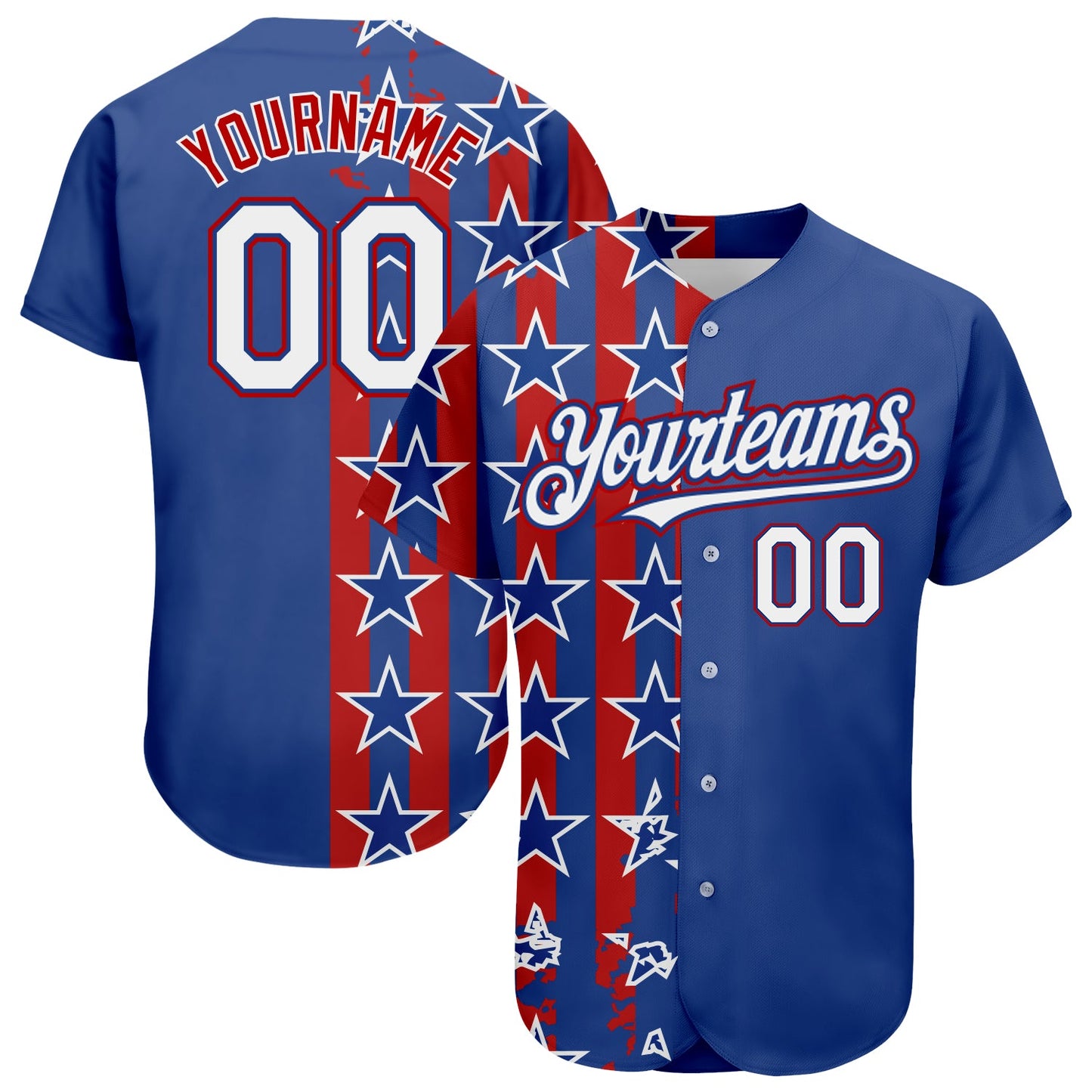 Custom Royal White Red 3D American Flag Authentic Baseball Jersey - Main View