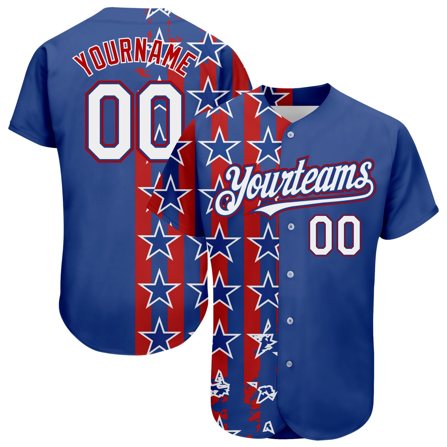 Custom Royal White Red 3D American Flag Authentic Baseball Jersey - Main View