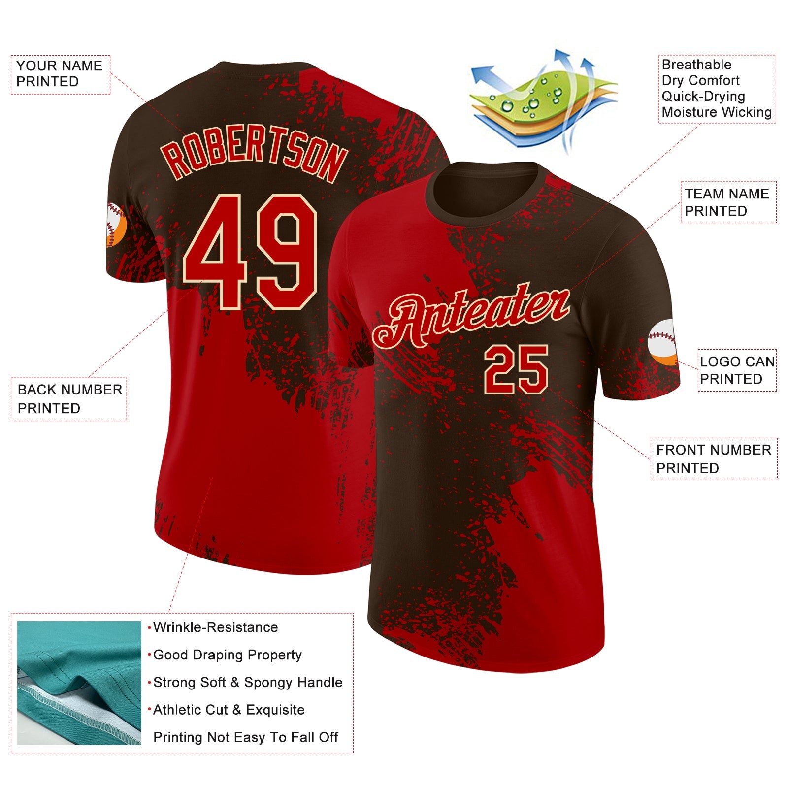 Custom Brown Red-Cream Abstract Brush Stroke Performance T-Shirt view 2