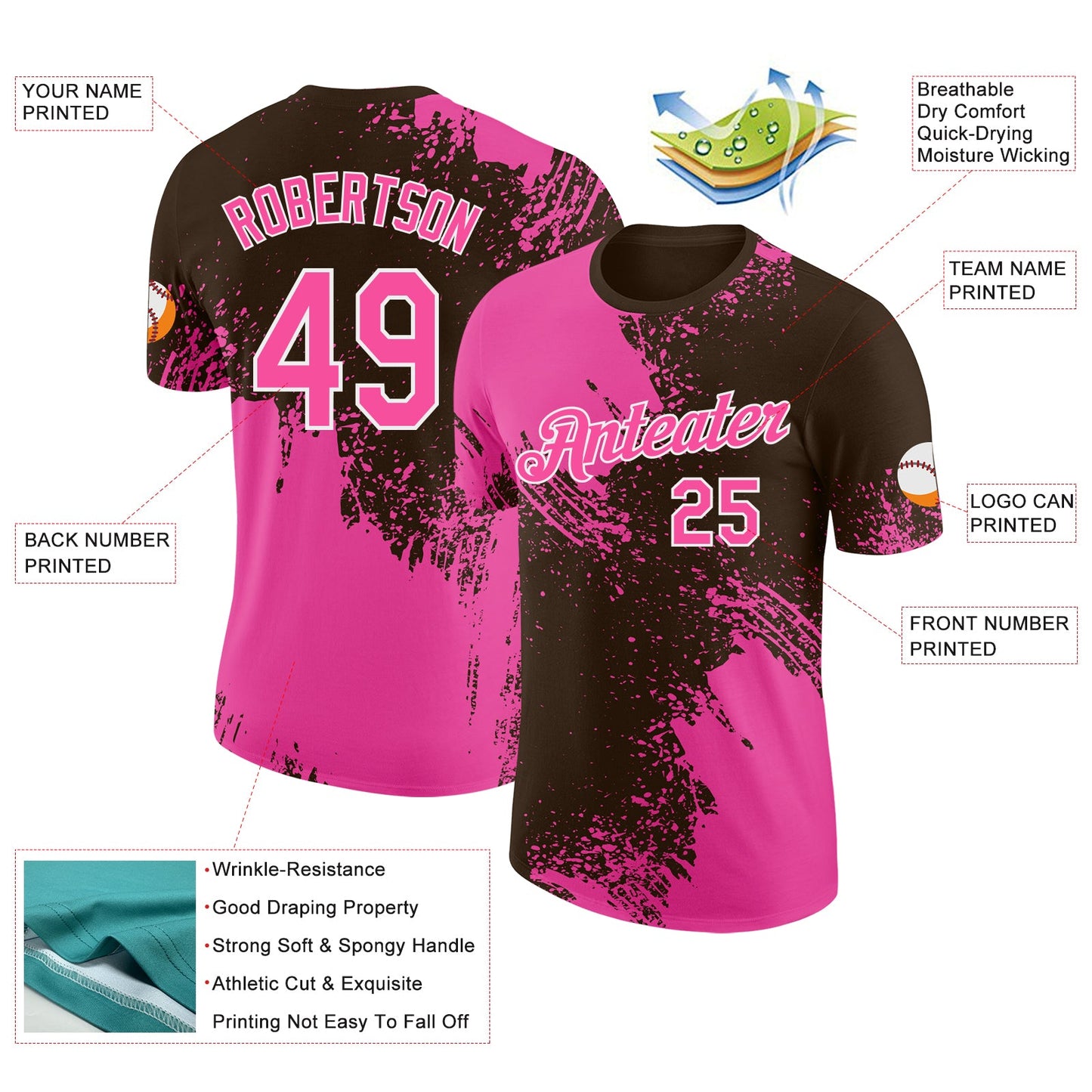 Custom Brown Pink-White Abstract Brush Stroke Performance T-Shirt view 2