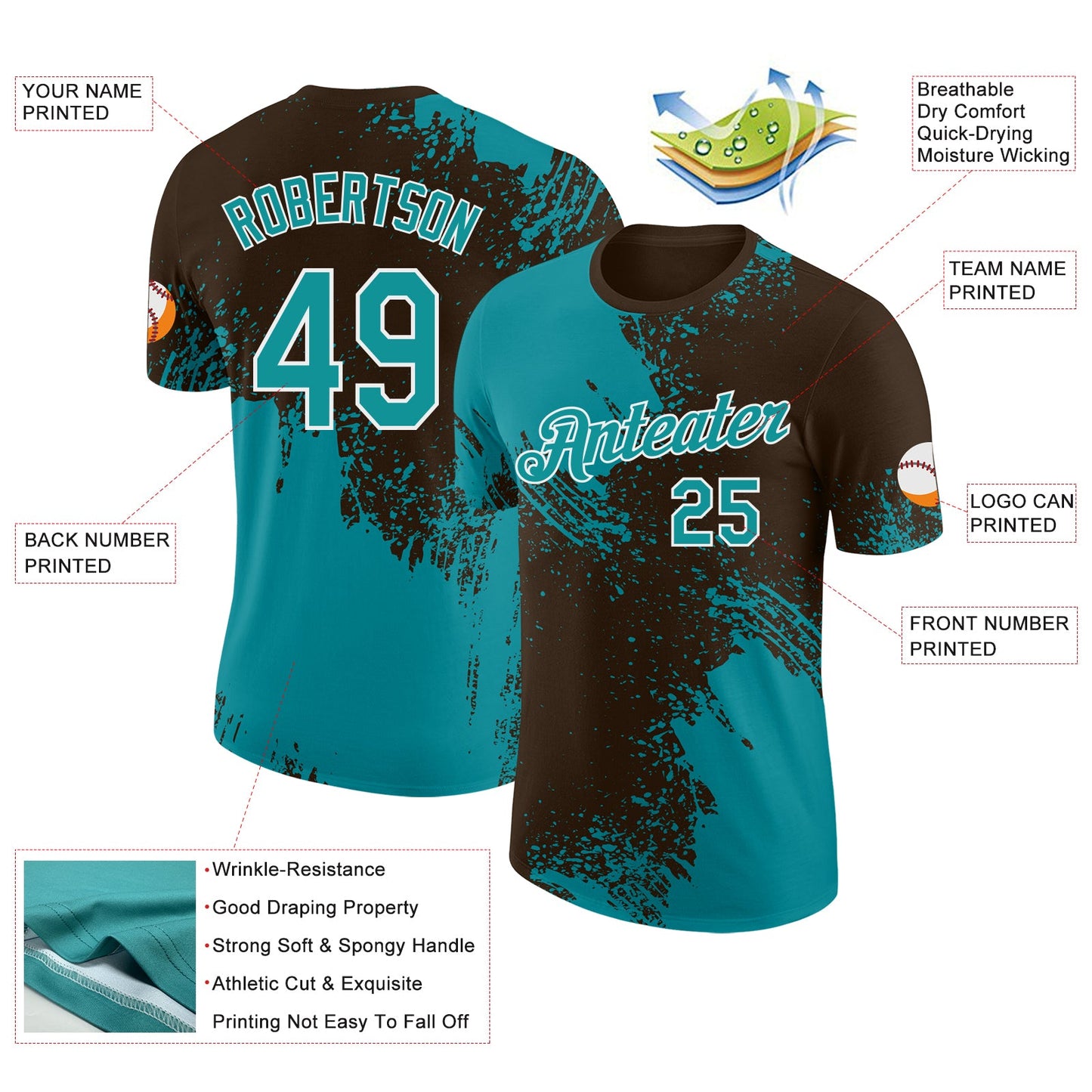 Custom Brown Teal-White Abstract Brush Stroke Performance T-Shirt view 2