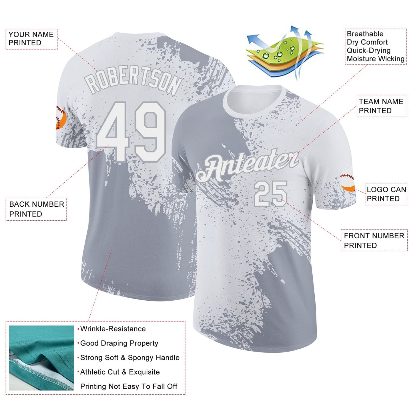 Custom White-Gray Abstract Brush Stroke Performance T-Shirt view 2