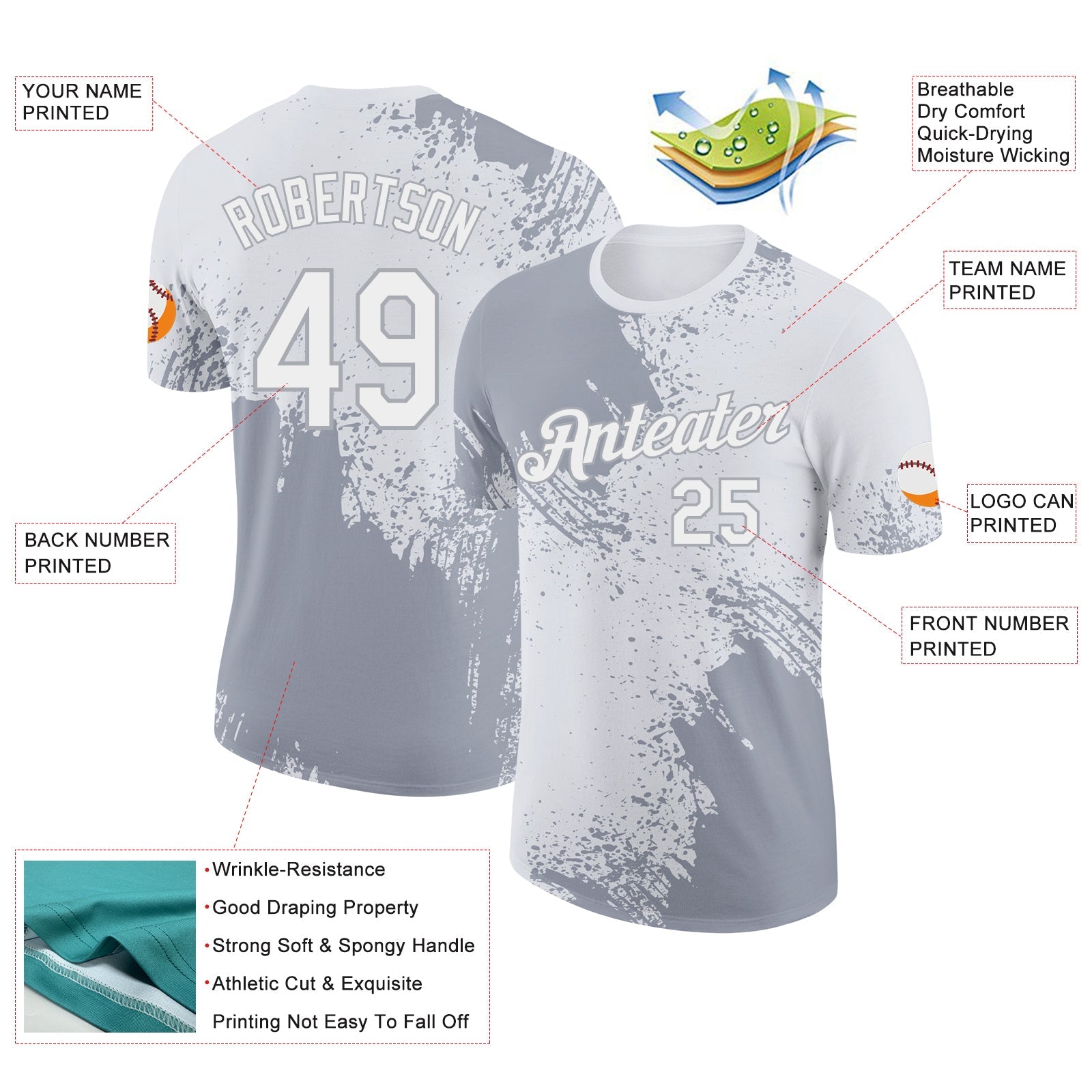 Custom White-Gray Abstract Brush Stroke Performance T-Shirt view 2