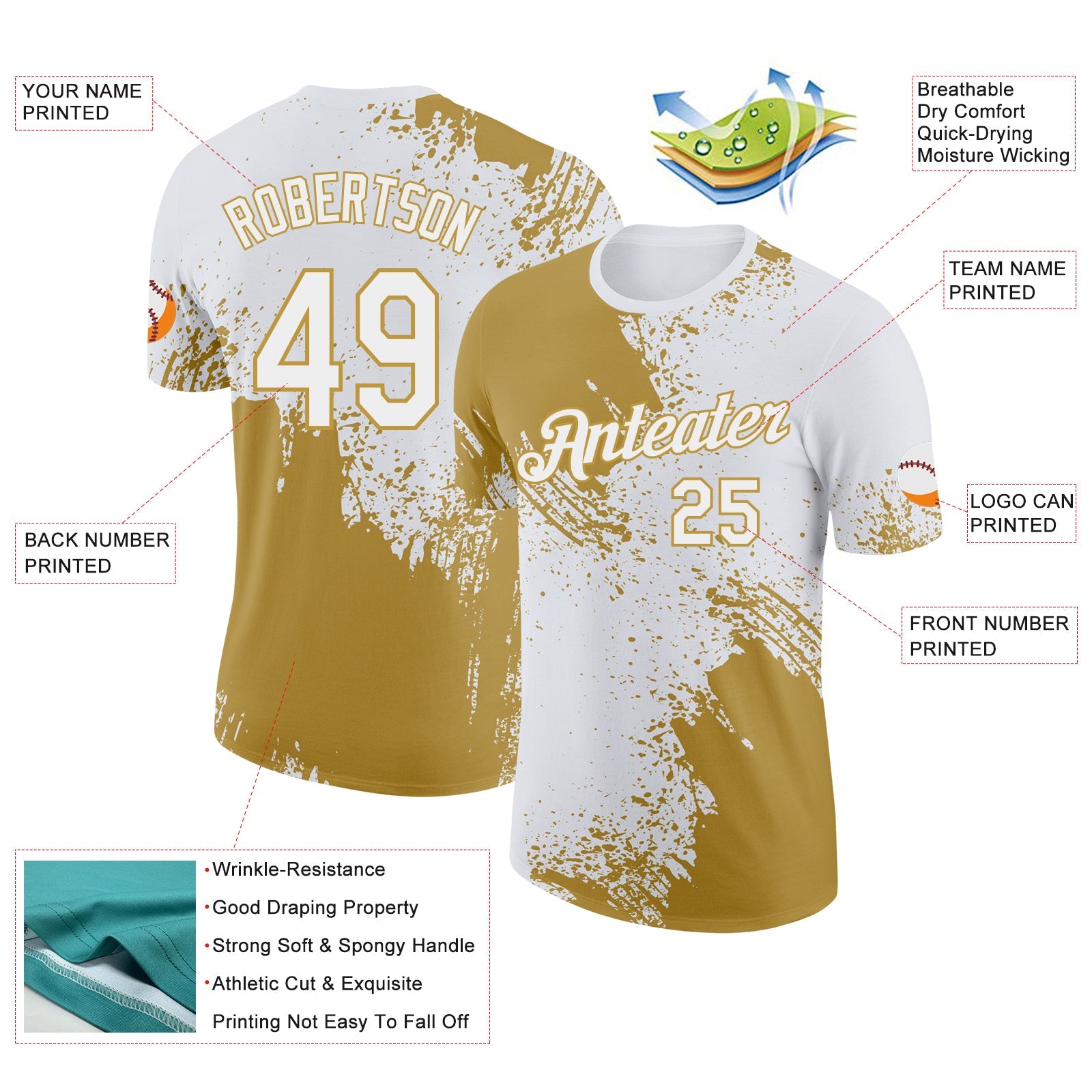 Custom White-Old Gold Abstract Brush Stroke Performance T-Shirt view 2
