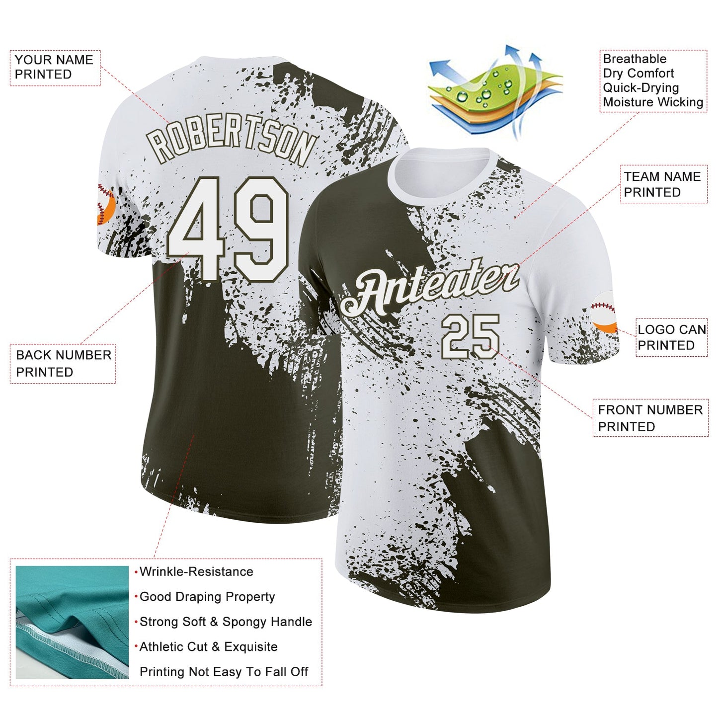 Custom White-Olive Abstract Brush Stroke Performance T-Shirt view 2