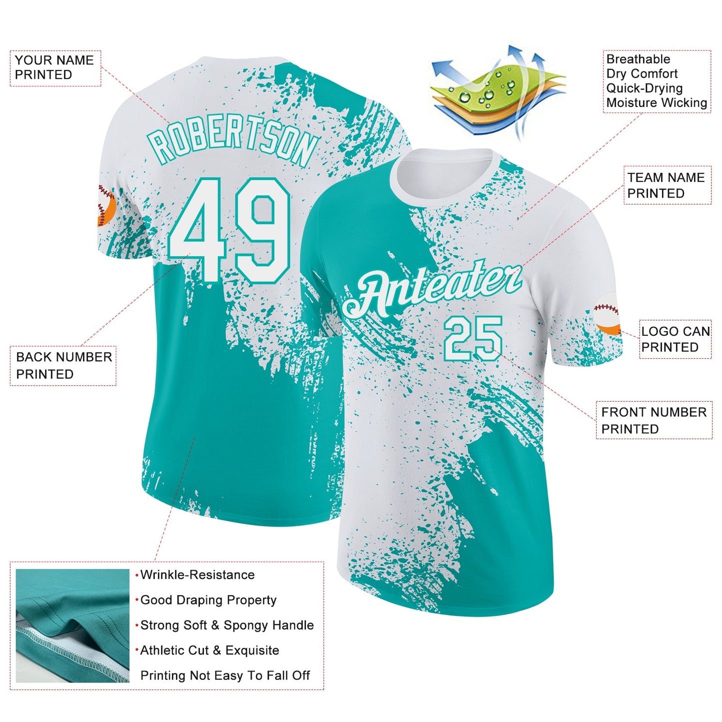 Custom White-Aqua Abstract Brush Stroke Performance T-Shirt view 2
