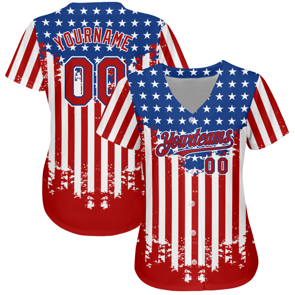 Custom Red Royal-White 3D American Flag Authentic Baseball Jersey view 2