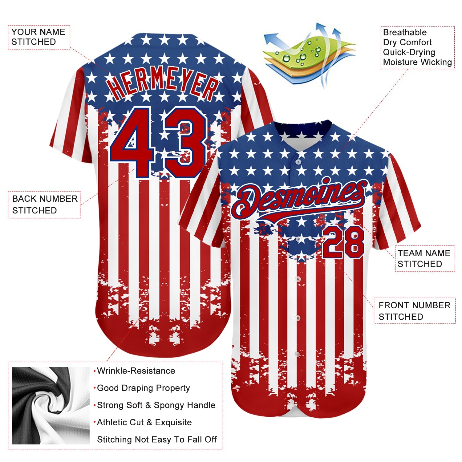 Custom Red Royal-White 3D American Flag Authentic Baseball Jersey view 3