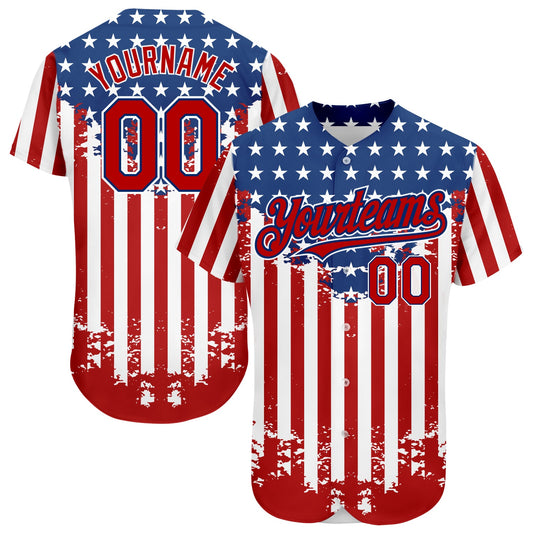 Custom Red Royal-White 3D American Flag Authentic Baseball Jersey - Main View