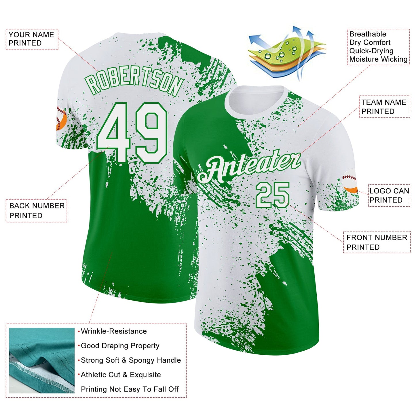 Custom White-Grass Green Abstract Brush Stroke Performance T-Shirt view 2