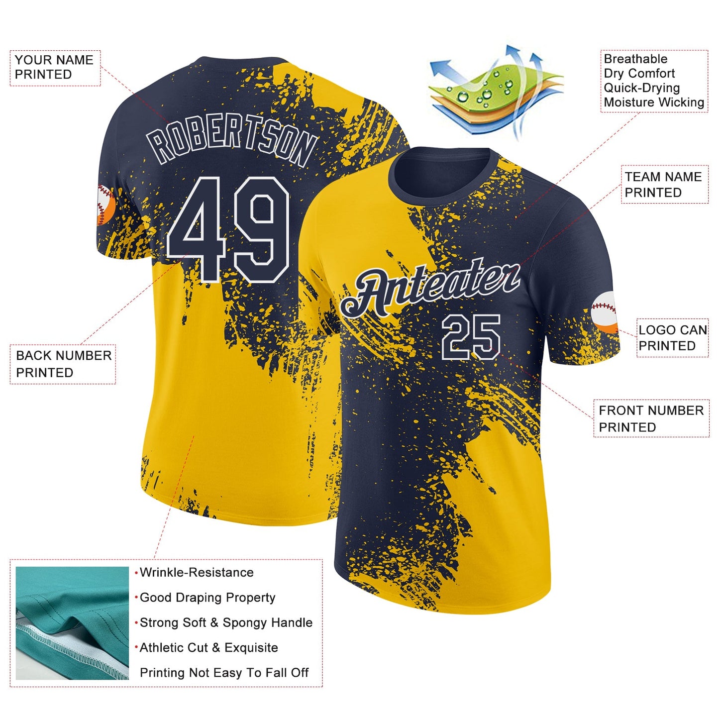 Custom Navy Yellow-White Abstract Brush Stroke Performance T-Shirt view 2