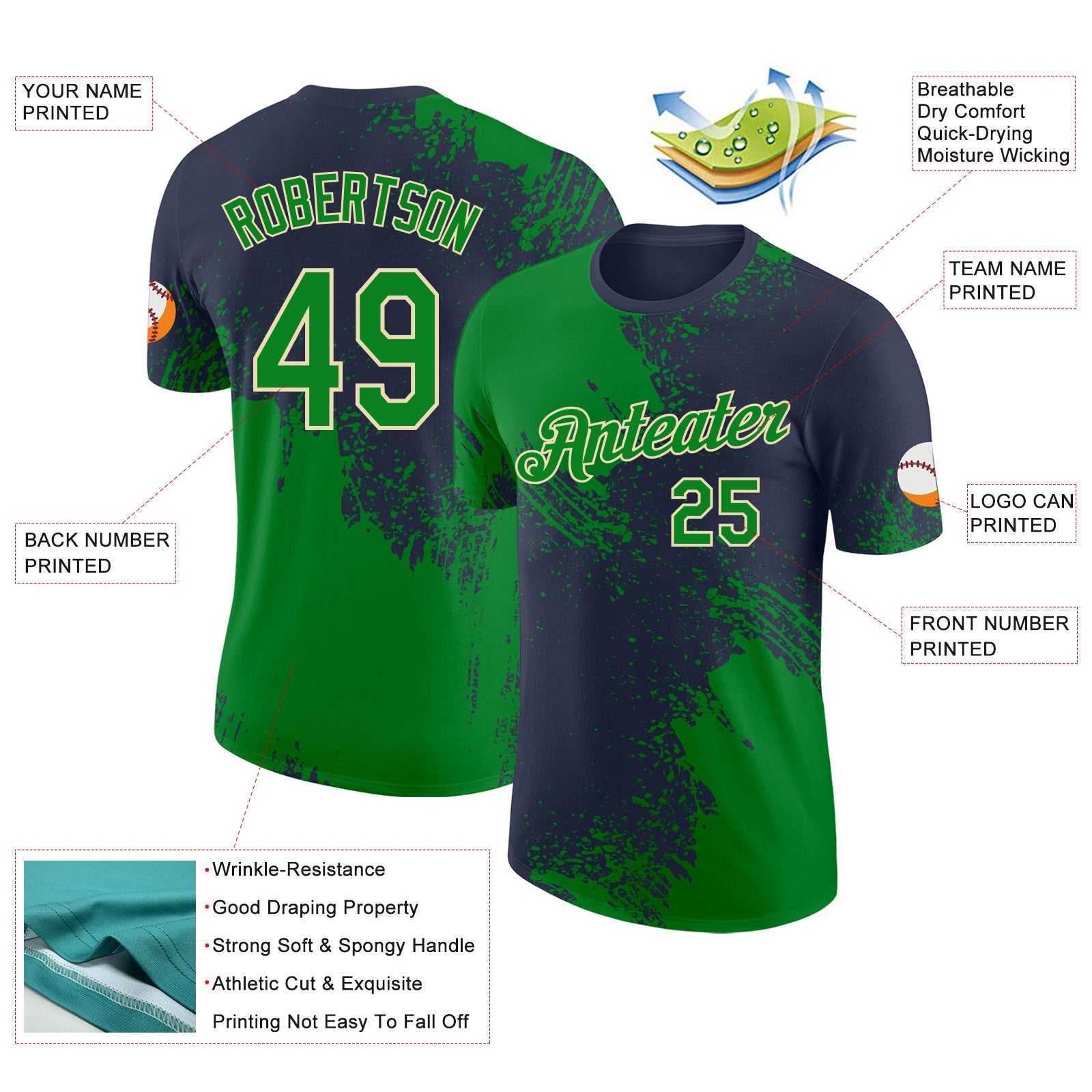 Custom Navy Grass Green-Cream Abstract Brush Stroke Performance T-Shirt view 2