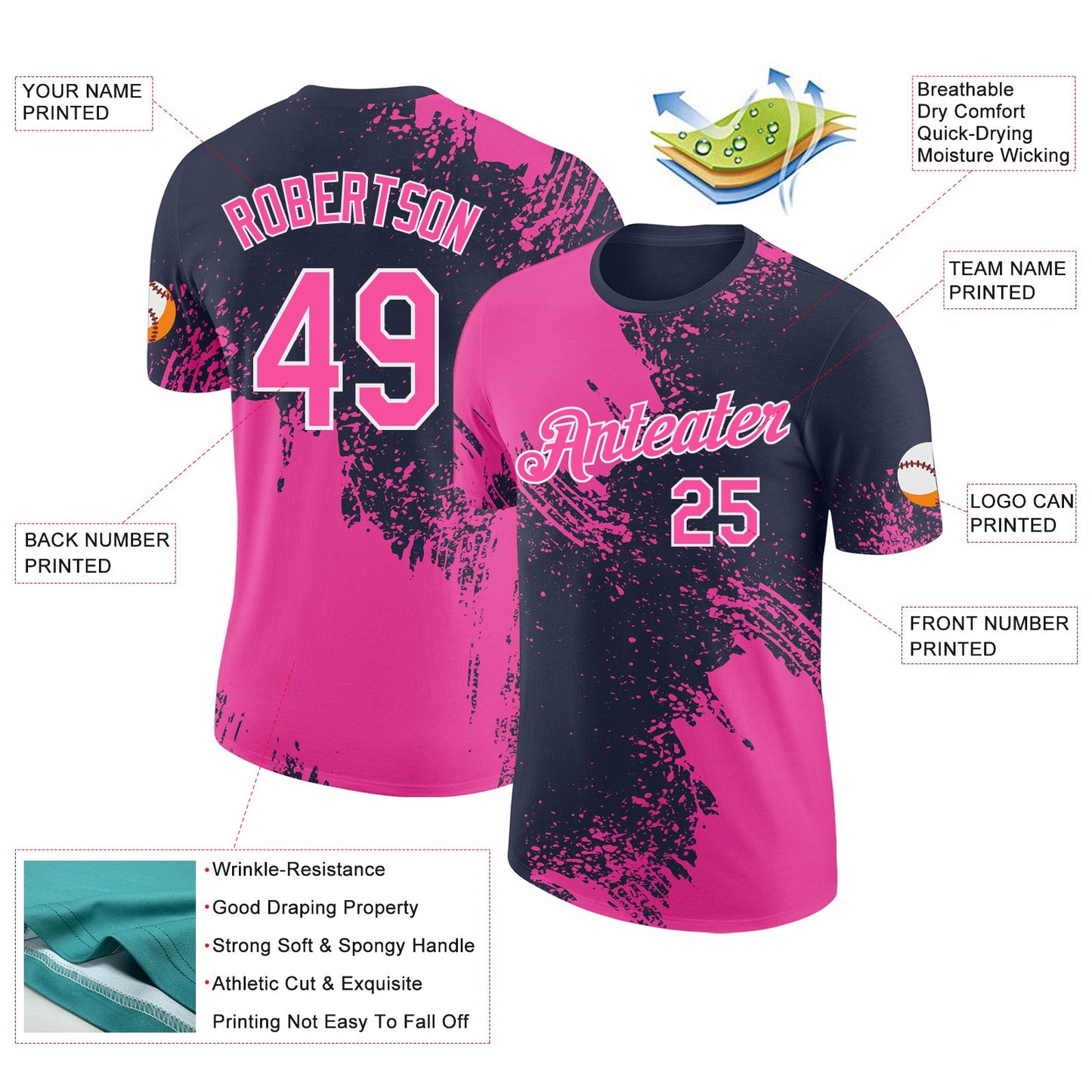 Custom Navy Pink-White Abstract Brush Stroke Performance T-Shirt view 2