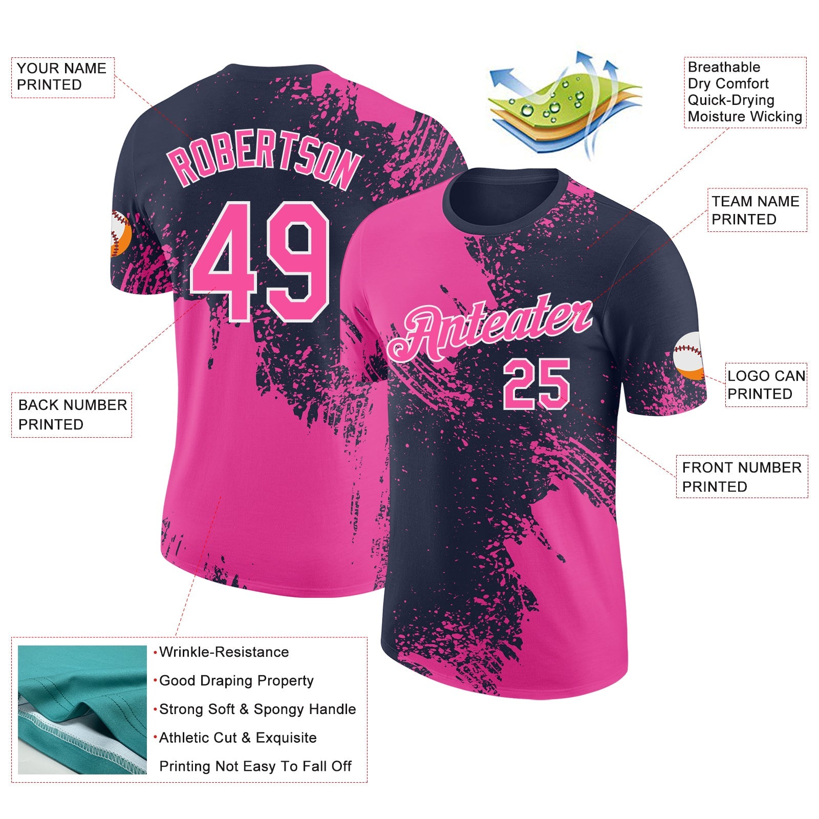 Custom Navy Pink-White Abstract Brush Stroke Performance T-Shirt view 2