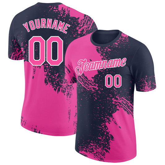 Custom Navy Pink-White Abstract Brush Stroke Performance T-Shirt - Main View