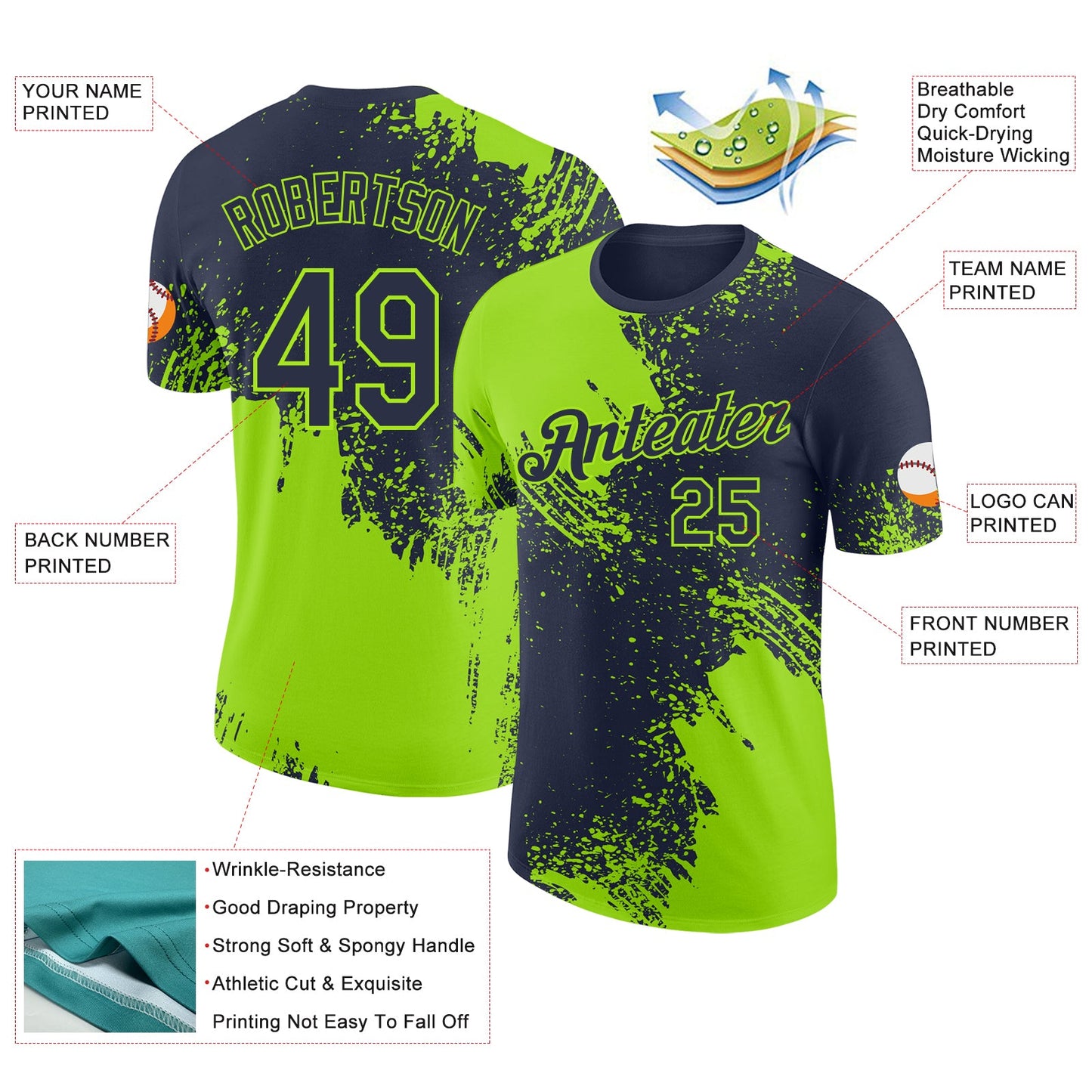 Custom Navy-Neon Green Abstract Brush Stroke Performance T-Shirt view 2