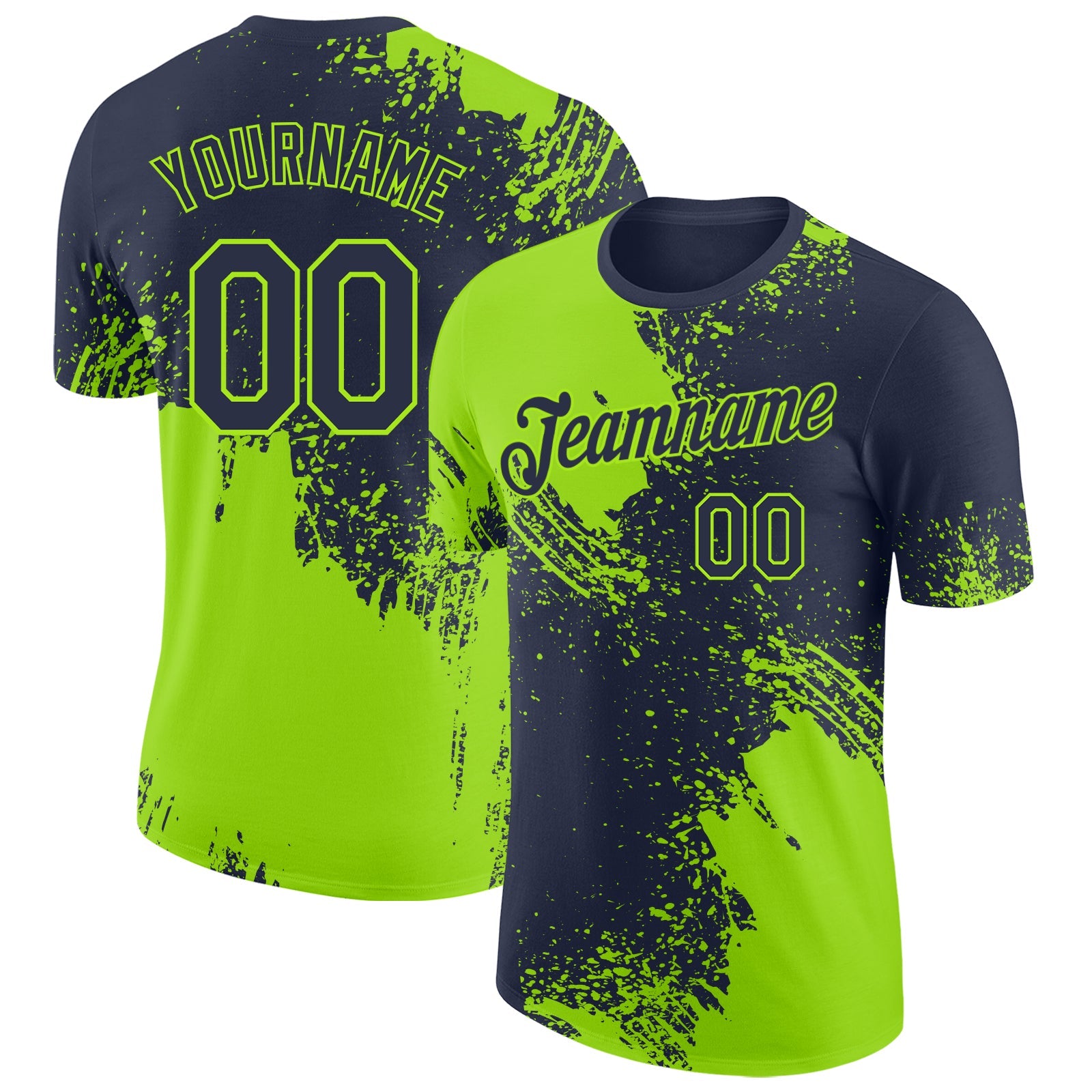 Custom Navy-Neon Green Abstract Brush Stroke Performance T-Shirt - Main View