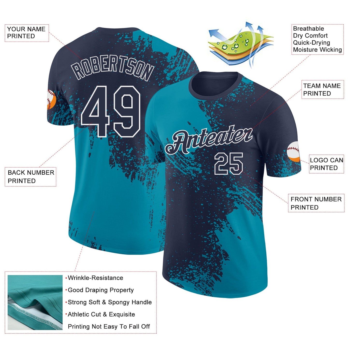 Custom Navy Teal-White Abstract Brush Stroke Performance T-Shirt view 2