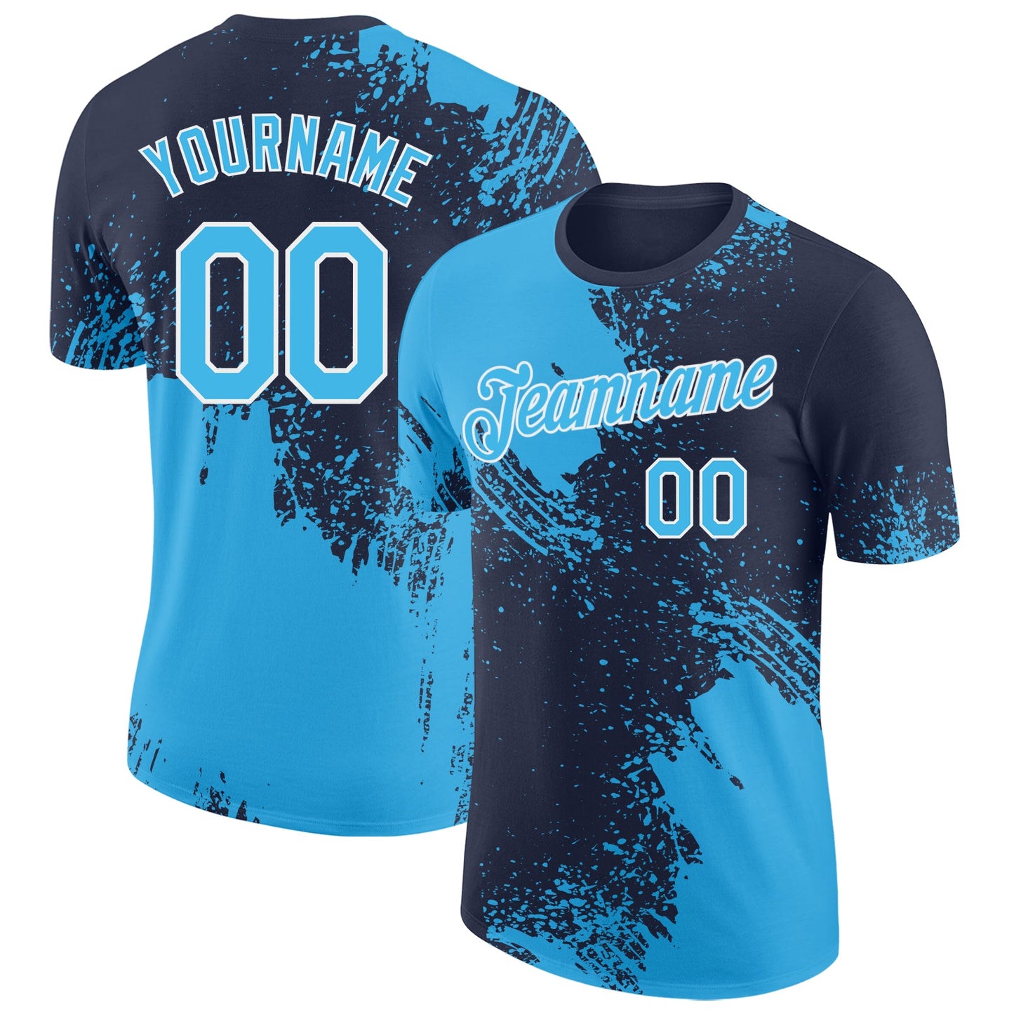 Custom Navy Sky Blue-White Abstract Brush Stroke Performance T-Shirt - Main View