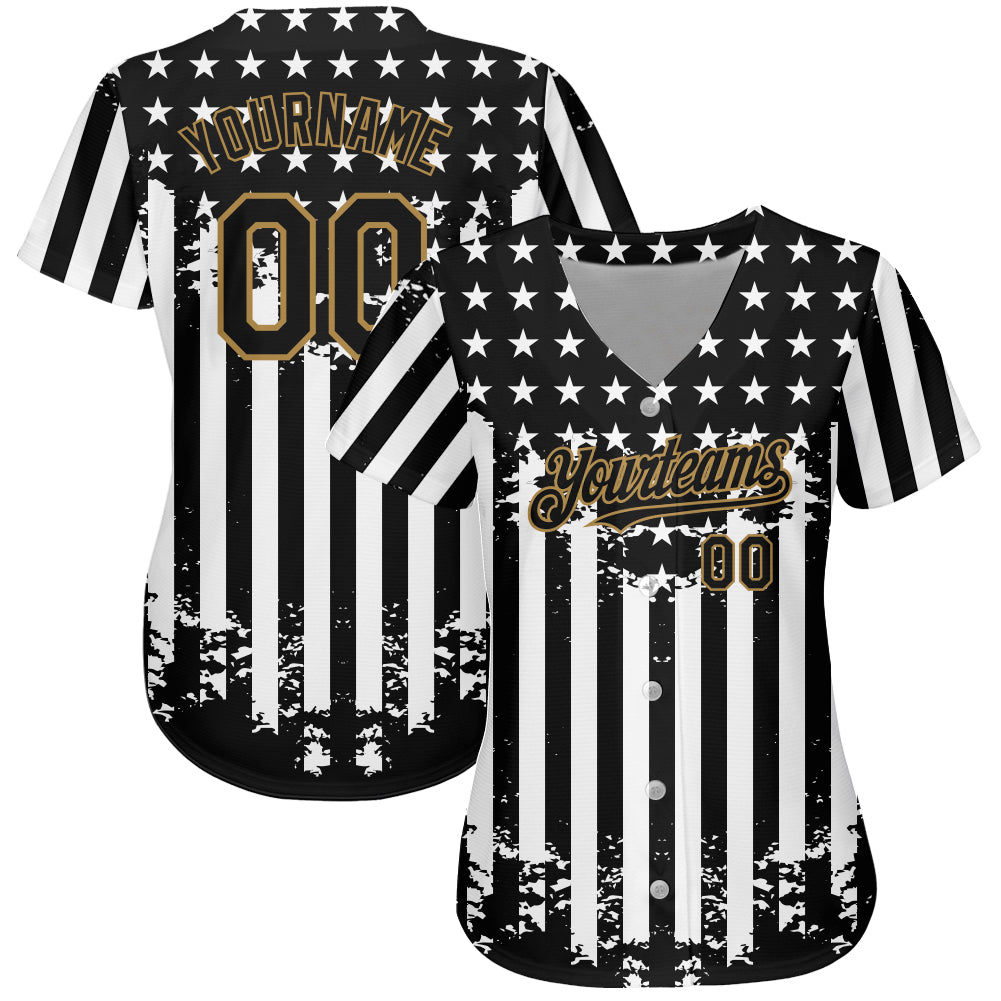 Custom Black Old Gold-White 3D American Flag Authentic Baseball Jersey view 2