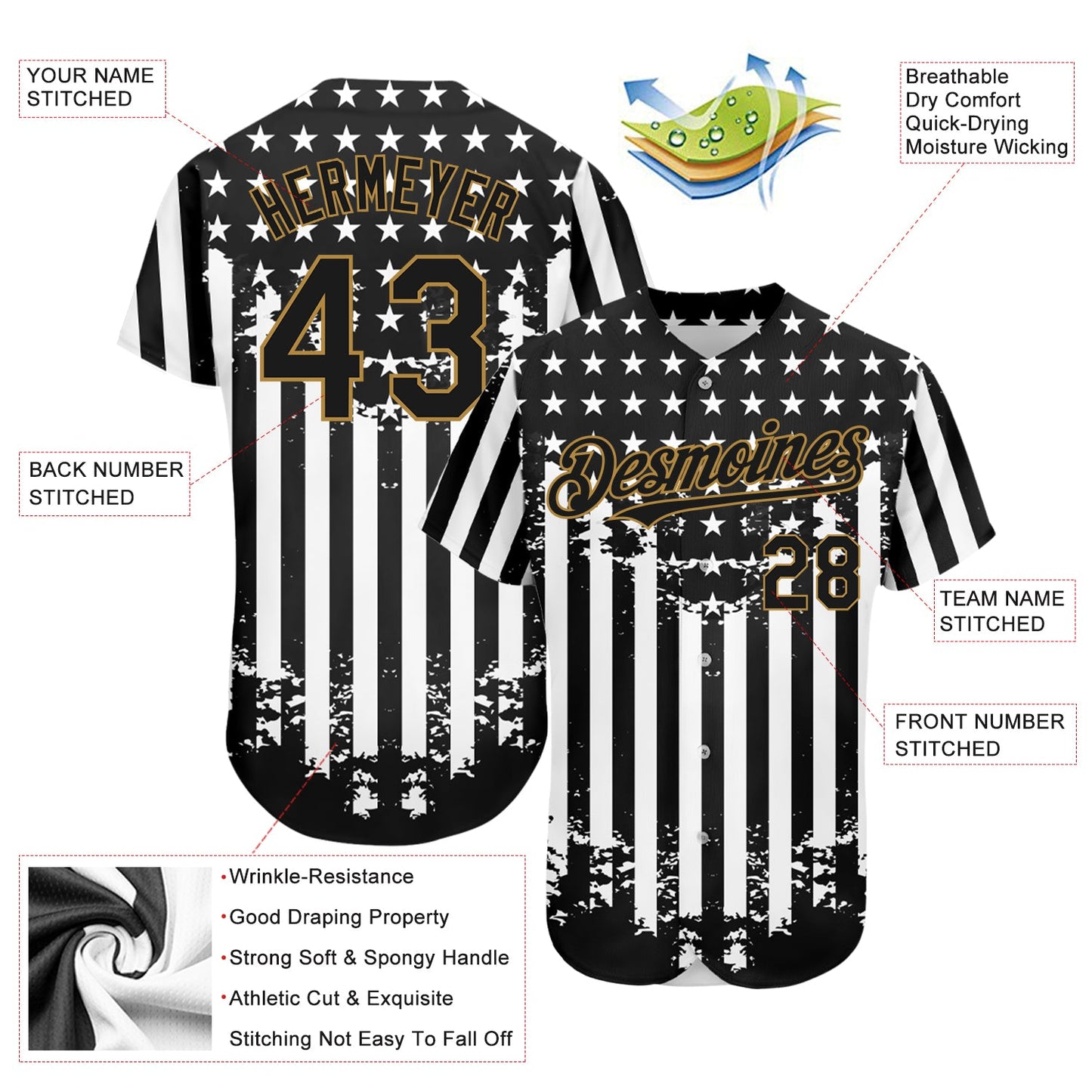 Custom Black Old Gold-White 3D American Flag Authentic Baseball Jersey view 3