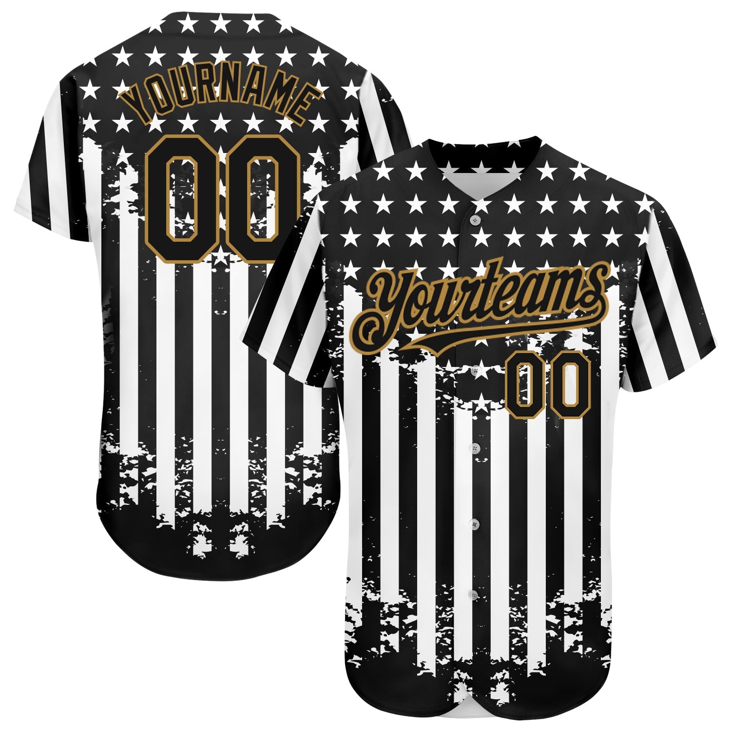 Custom Black Old Gold-White 3D American Flag Authentic Baseball Jersey - Main View