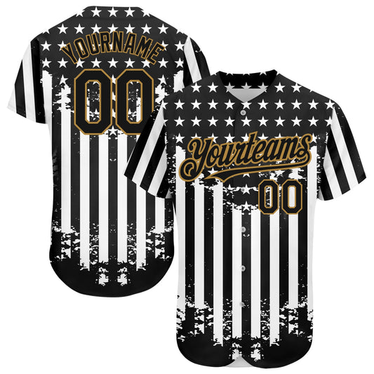 Custom Black Old Gold-White 3D American Flag Authentic Baseball Jersey - Main View