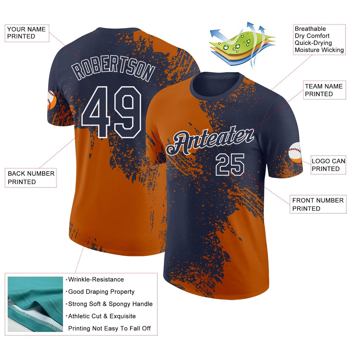 Custom Navy Texas Orange-White Abstract Brush Stroke Performance T-Shirt view 2